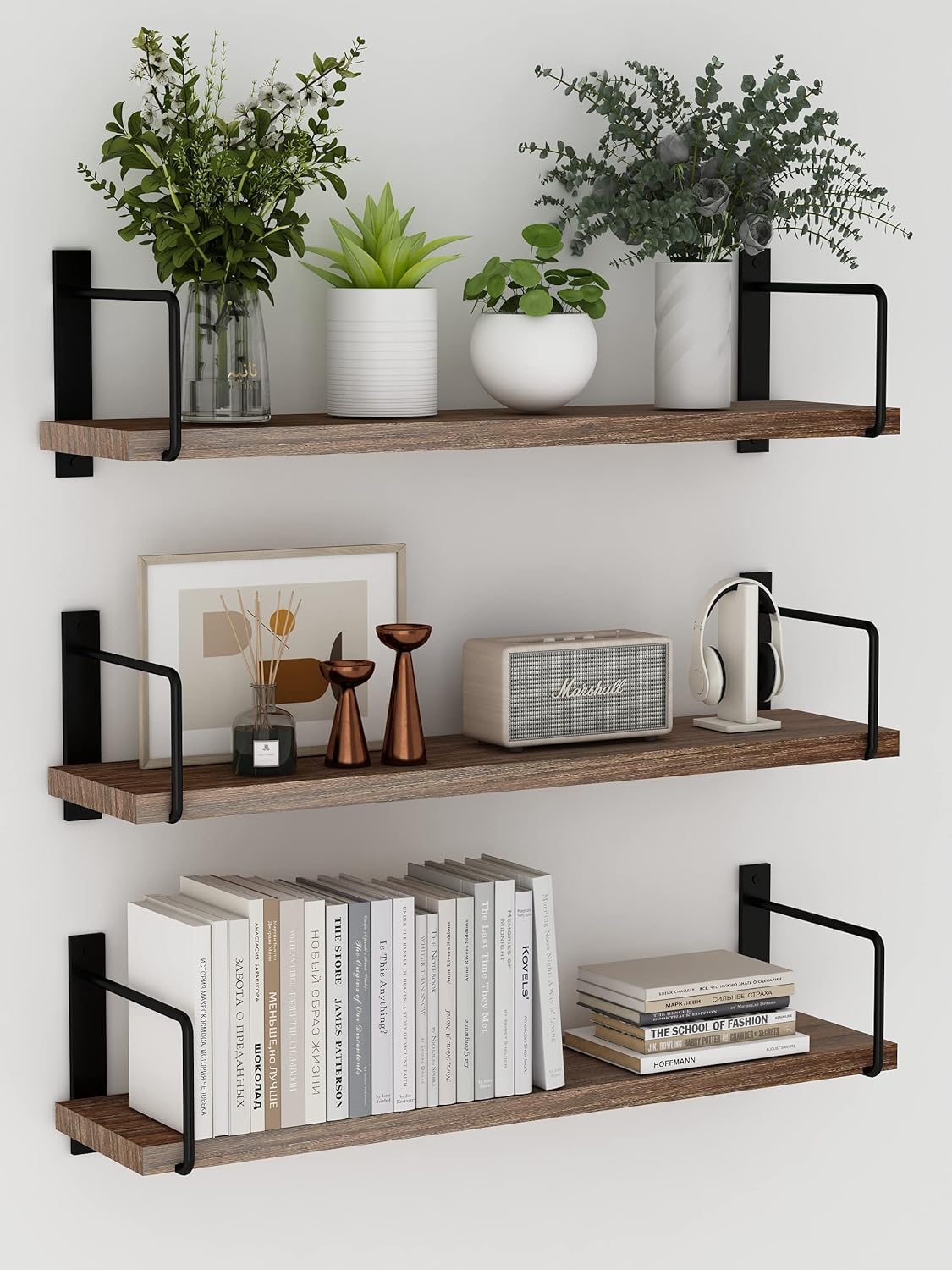 Floating Shelves, 24 Inches Easy to Install Wall Mounted Shelves, Set of 3, Rustic Wood Shelves for Wall Decor, Storage Shelves for Living Room (Brown) Floating Shelves, 24 Inches Easy to Install Wall Mounted Shelves, Set of 3, Rustic Wood Shelves for Wall Decor, Storage Shelves for Living Room (Brown)
