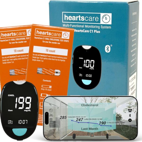 HeartsCare Total Cholesterol Testing kit - 20 Strips and 1 Meter with 3D Bluetooth HeartsHome app - Diet and Fitness Tracking
