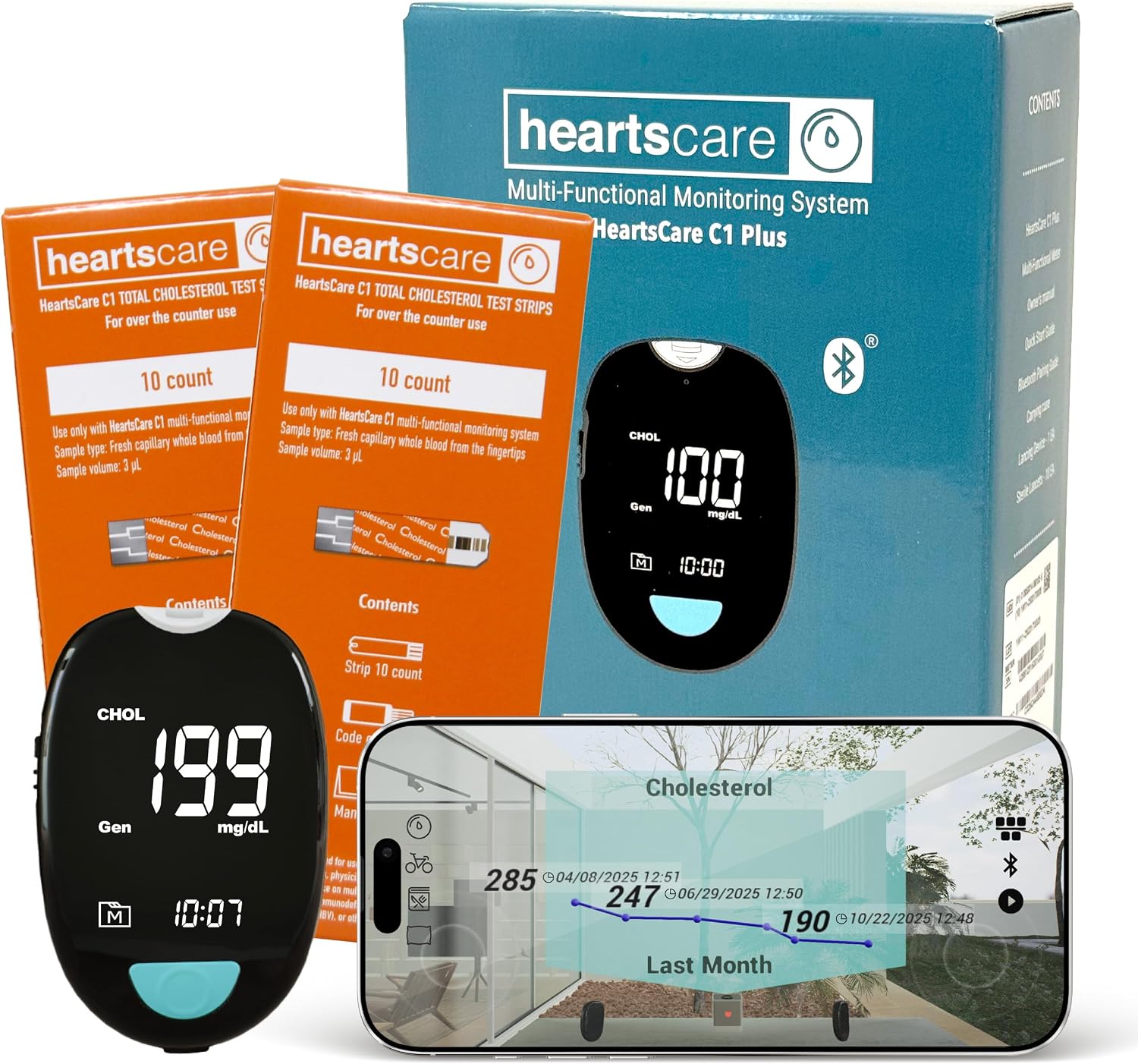 HeartsCare Total Cholesterol Testing kit - 20 Strips and 1 Meter with 3D Bluetooth HeartsHome app - Diet and Fitness Tracking HeartsCare Total Cholesterol Testing kit - 20 Strips and 1 Meter with 3D Bluetooth HeartsHome app - Diet and Fitness Tracking
