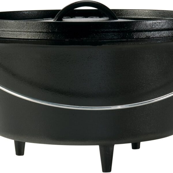 Lodge Seasoned Cast Iron Camp Dutch Oven with Lid - 8 Quart - Dual Handles - Seasoned Cast Iron Cookware with Steel Handle & Strong Lid for Heavy- Duty Camping Cookware