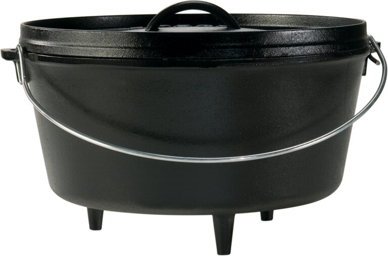 Lodge Seasoned Cast Iron Camp Dutch Oven with Lid - 8 Quart - Dual Handles - Seasoned Cast Iron Cookware with Steel Handle & Strong Lid for Heavy- Duty Camping Cookware