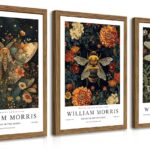 Wood Frame William Morris Wall Art Set of 3, Vintage Animal Bee Butterfly Dragonfly Posters Prints, Botanical Nature Flower Canvas Wall Decor Paintings for Living Room Bedroom Bathroom 12x16In Framed