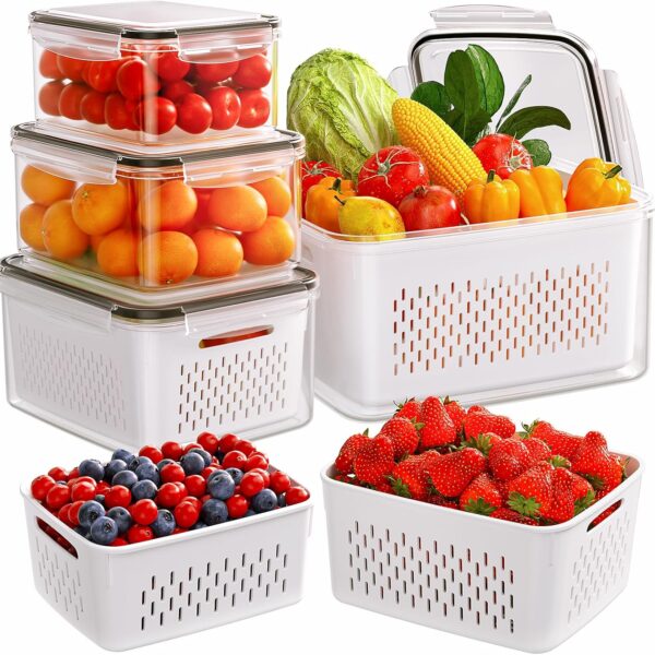 5-Pack Fruit Storage Containers for Fridge with Removable Colanders, 4 in 1 Produce Storage Containers with Lids, Leakproof Fridge Organizer Bins for Salad Berry Lettuce Vegetables Meat Keeper Fresh
