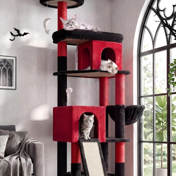 Globlazer Heavy Duty Gothic Cat Tree, 72in Large Cat Tower with Coffin Bed, Sturdy Maine Coon Cat Tree for Large Cats 20 lbs+, Medieval Castle Style with 6 Scratching Posts & Hammock, S72, Black & Red