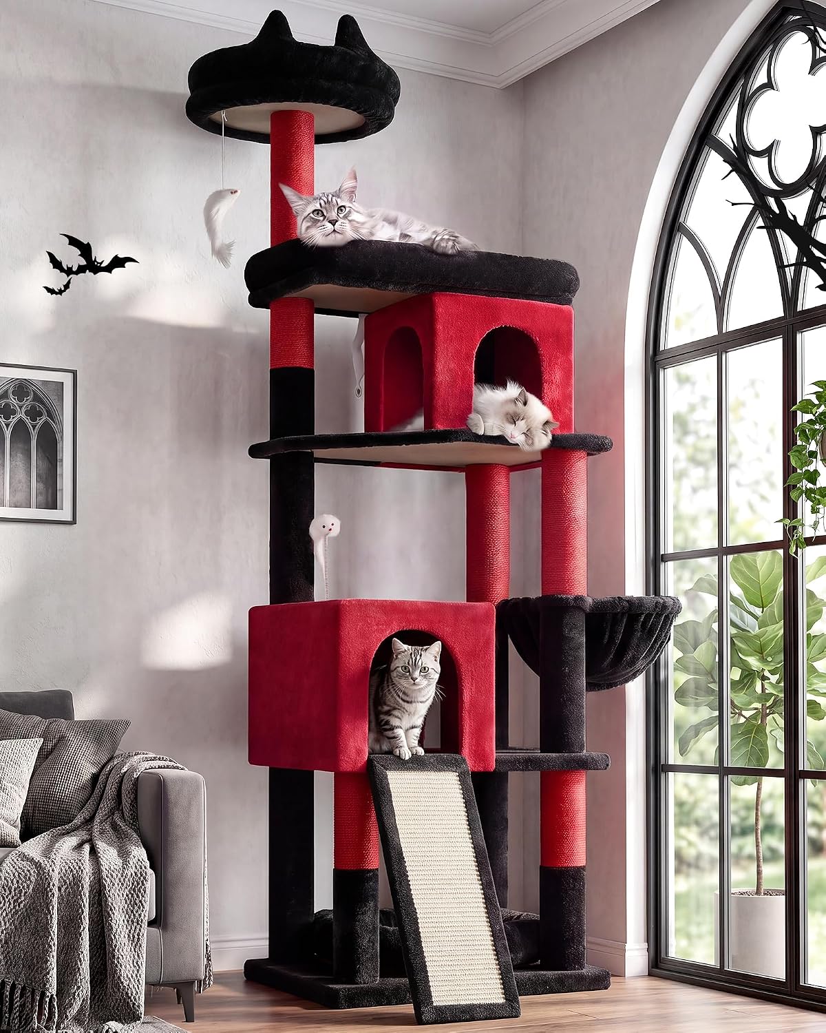 Globlazer Heavy Duty Gothic Cat Tree, 72in Large Cat Tower with Coffin Bed, Sturdy Maine Coon Cat Tree for Large Cats 20 lbs+, Medieval Castle Style with 6 Scratching Posts & Hammock, S72, Black & Red Globlazer Heavy Duty Gothic Cat Tree, 72in Large Cat Tower with Coffin Bed, Sturdy Maine Coon Cat Tree for Large Cats 20 lbs+, Medieval Castle Style with 6 Scratching Posts & Hammock, S72, Black & Red