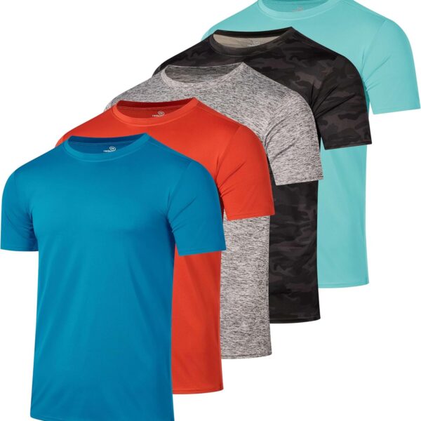Real Essentials 5 Pack: Men's Dry-Fit Short Sleeve Crew Neck T Shirts Fitness Running Gym Workout Cool Exercise Athletic Tee