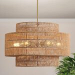 24 Boho Large Rattan Chandelier Light Fixture,6-Light Large Hand Woven Pendant Light Fixture Farmhouse Rustic Chandeliers for Kitchen Bedroom, Dining Room, Living Room, Hallway, Foyer