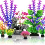 QUOZUO Fish Tank Accessories Aquarium Decorations Plants, 9pcs Colorful Fish Tank Artificial Plants and Cave Rock Decor Set, Aquarium Decor Plastic Plants