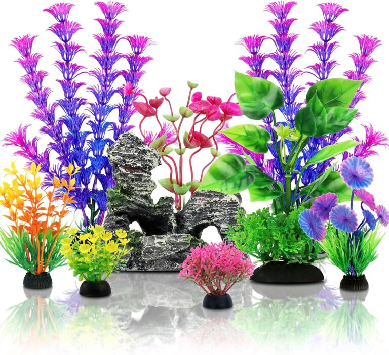 QUOZUO Fish Tank Accessories Aquarium Decorations Plants, 9pcs Colorful Fish Tank Artificial Plants and Cave Rock Decor Set, Aquarium Decor Plastic Plants