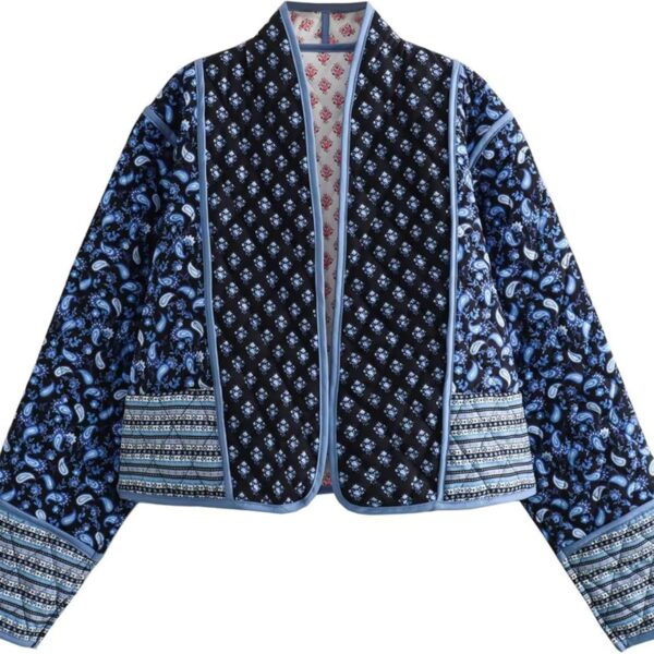 OPCAKM Women's Cropped Floral Print Quilted Jacket Lightweight Coats Open Front Puffer Outerwear