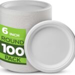 Munfix 100% Compostable Paper Plates 100 Pack, 6 Inch Heavy Duty Biodegradable Microwavable Disposable White Dessert Plates, Made of Eco-Friendly, Natural Sugarcane Bagasse