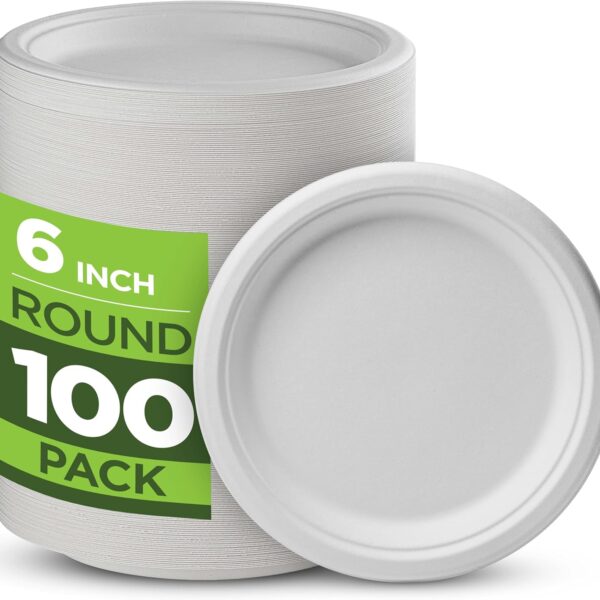 Munfix 100% Compostable Paper Plates 100 Pack, 6 Inch Heavy Duty Biodegradable Microwavable Disposable White Dessert Plates, Made of Eco-Friendly, Natural Sugarcane Bagasse