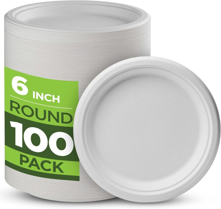 Munfix 100% Compostable Paper Plates 100 Pack, 6 Inch Heavy Duty Biodegradable Microwavable Disposable White Dessert Plates, Made of Eco-Friendly, Natural Sugarcane Bagasse