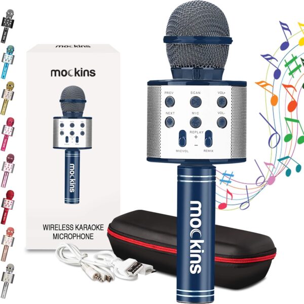 Mockins Navy Bluetooth Karaoke Microphone for Kids with Built in Bluetooth Speaker| Wireless Microphone Karaoke Compatible with iOS & Android| All-in-One Mic