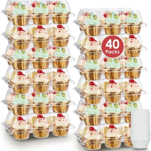 (6 Count x 40 Sets) Stackable Cupcake Containers with 240 Pack Liners, Plastic Cupcakes Boxes Holders for 6 cakes, High Tall Dome Lid Cupcakes Carrier, Clear Cupcake Trays/Containers/Holders