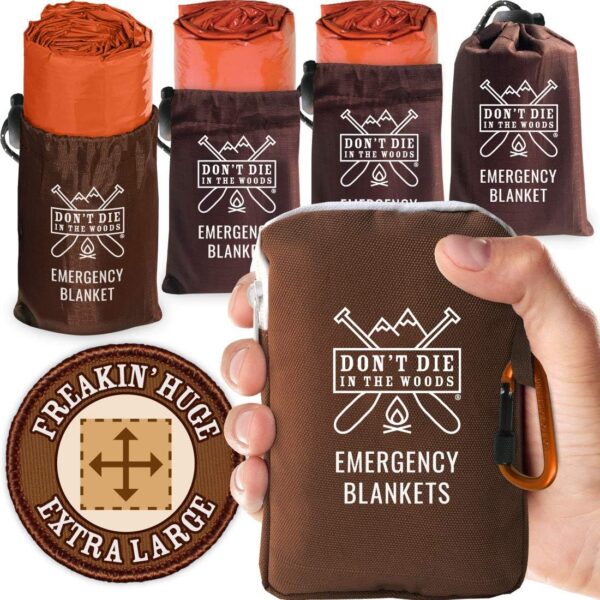 Don't Die In The Woods - Freakin Huge Emergency Blankets [4-Pack] Extra Large Thermal Mylar Space Blanket - One of The Ten Essentials Outdoor Survival Gear for Hiking Camping First Aid Kit (Orange)