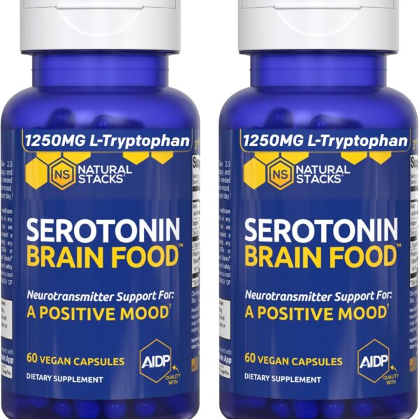 Serotonin Brain Food - 1250mg L-Tryptophan & 400mg Rhodiola Rosea Supplement - Mood Support Supplement for Stress Relief - Neurotransmitter Support with Magnesium Glycinate & Zinc - 120 Capsules