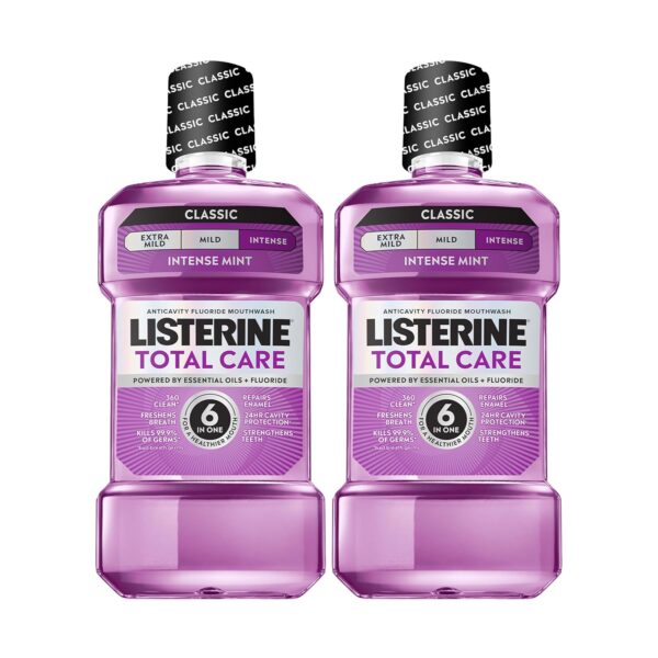 Listerine Mouthwash Total Care Anti Cavity Treatment for Adults Kills 99.9% of Bad Breath Germs in Intense Mint Antibacterial Fluoride Mouthwash, 2 pack of 33.8 fl oz