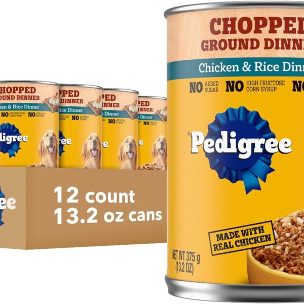 Pedigree Chopped Ground Dinner Adult Soft Wet Dog Food Chicken & Rice Dinner, Canned Dog Food, 13.2 oz. Cans, 12 Count