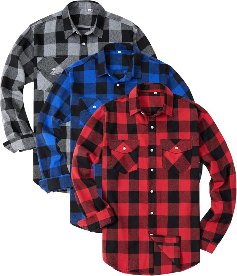 Kinglaman 3 Pack Mens Flannel Shirt Long Sleeve Plaid Shirts Casual Button Down Buffalo Plaid Checkered Cotton Jacket