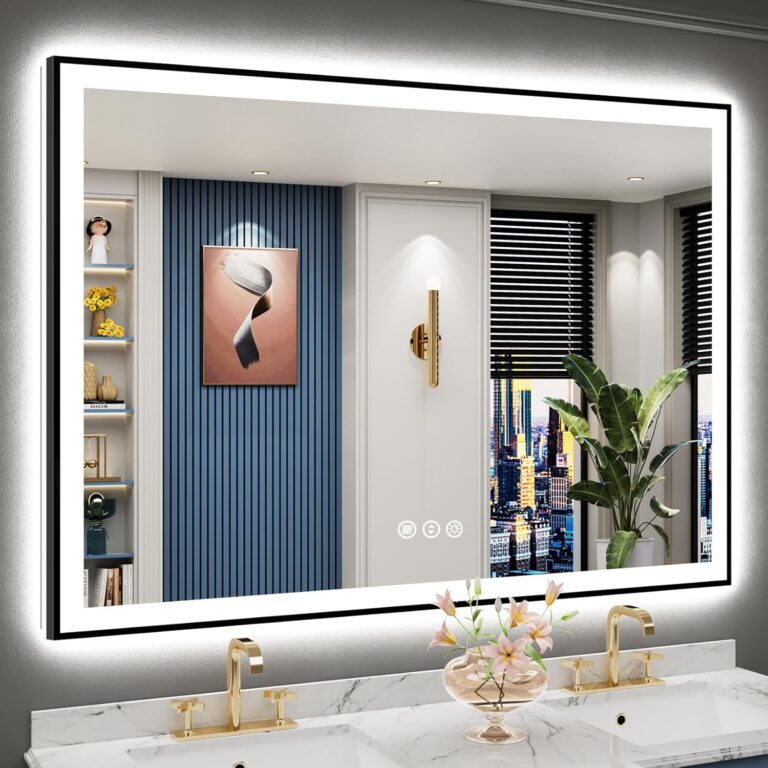 55x40 Black Framed LED Bathroom Mirror with Lights, Backlit and Front Lit Anti-Fog Lighted Vanity Mirrors for Bathroom Wall, Dimmable, 3 Colors, Memory, HD Tempered Glass, Horizontal/Vertical