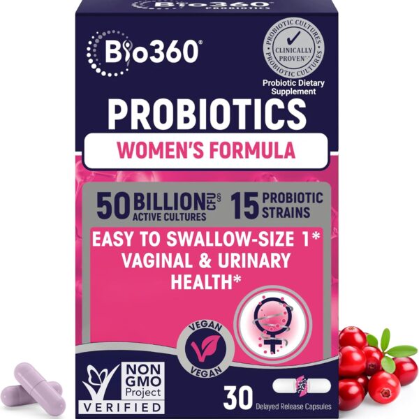 Bio360 Probiotics for Women Vaginigal Health - Supports pH Balance, Vaginal, Urinary, & Digestive Health - 50 Billion CFU & 15 Unique Strains for Healthy Vaginal Odor & Vaginal Flora - Shelf Stable