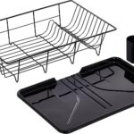 Sweet Home Collection Metal, Plasic ,Dish Drainer Drain Board and Utensil Holder Simple Easy to Use, 12" x 19" x 5", Black