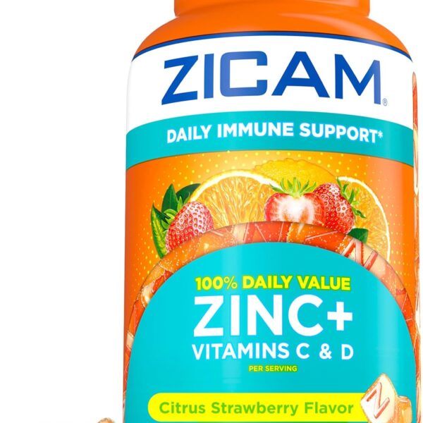Zicam Daily Immune Support, Gummy Supplement, Zinc, Vitamin C and Vitamin D, Citrus Strawberry Flavor, 70 Count