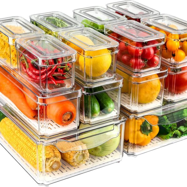 14 Pack Fridge Organizers and Storage - Refrigerator Organizer Bins with Lids, BPA-Free Fridge Organization, Fruit Storage Containers for Fridge, Vegetable, Food, Drinks, Cereals, Clear