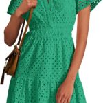 PRETTYGARDEN Womens 2026 Summer Short Dress V Neck Short Sleeve A Line Hollow Out Lace Cute Casual Beach Party Spring Dresses
