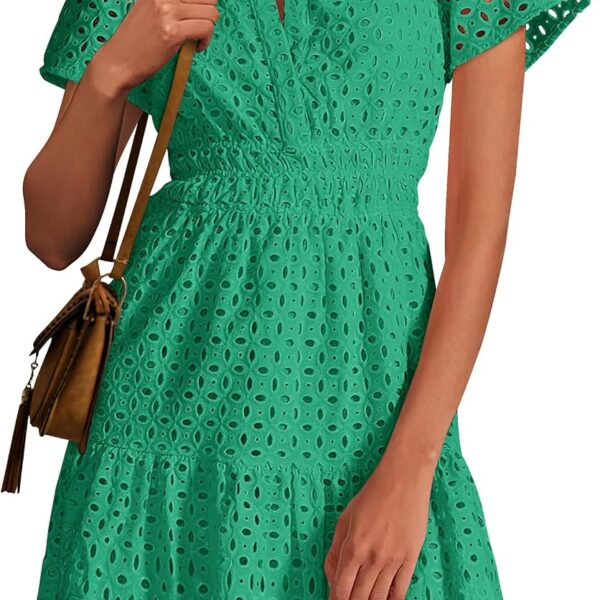 PRETTYGARDEN Womens 2026 Summer Short Dress V Neck Short Sleeve A Line Hollow Out Lace Cute Casual Beach Party Spring Dresses