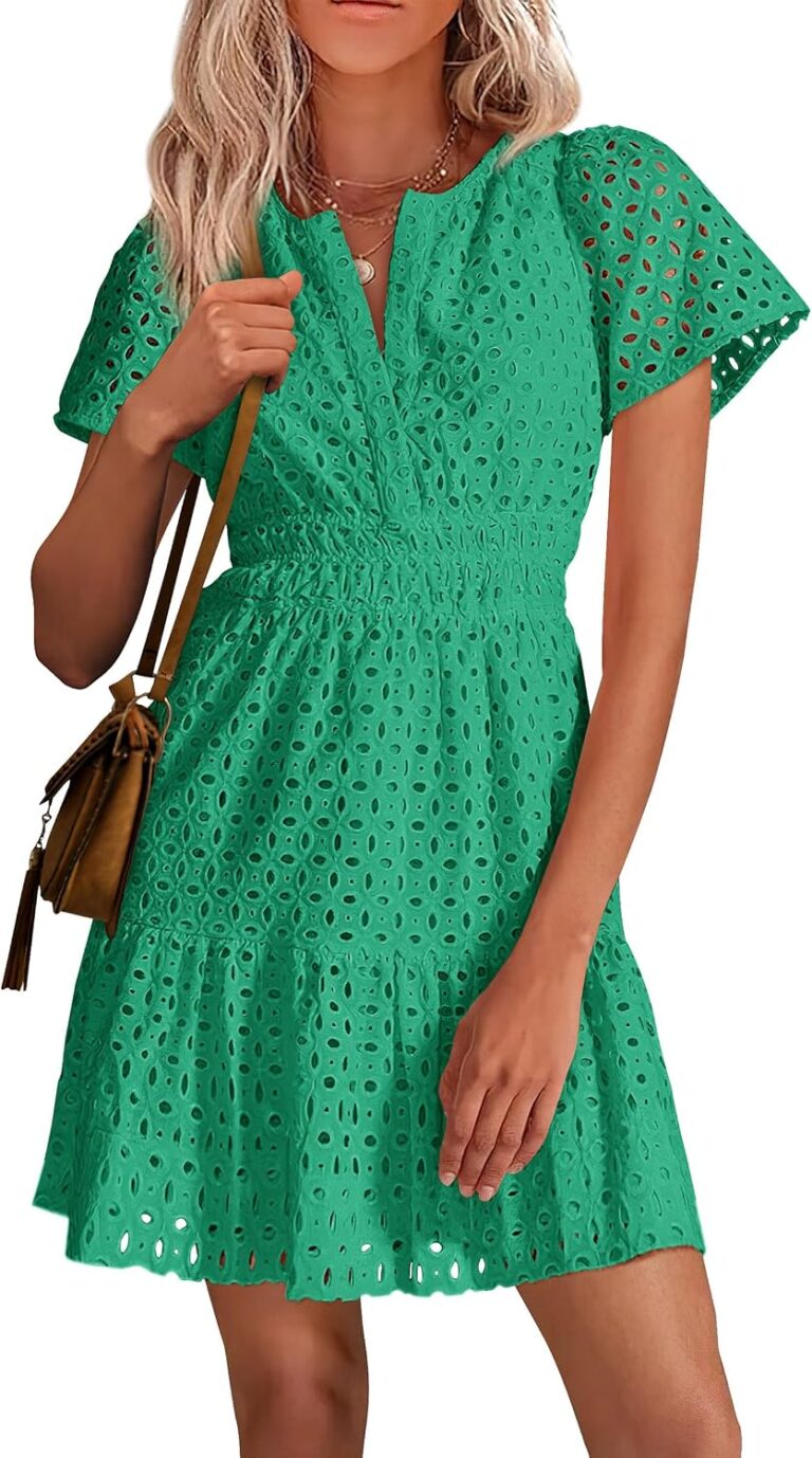 PRETTYGARDEN Womens 2026 Summer Short Dress V Neck Short Sleeve A Line Hollow Out Lace Cute Casual Beach Party Spring Dresses