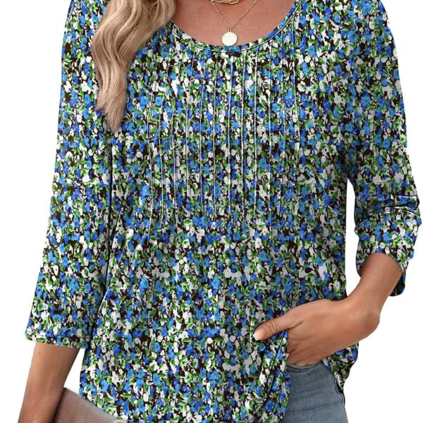 XIEERDUO 3/4 Length Sleeve Tops for Women 2026 Crewneck Casual Pleated Tunic Tops Shirts Blouses
