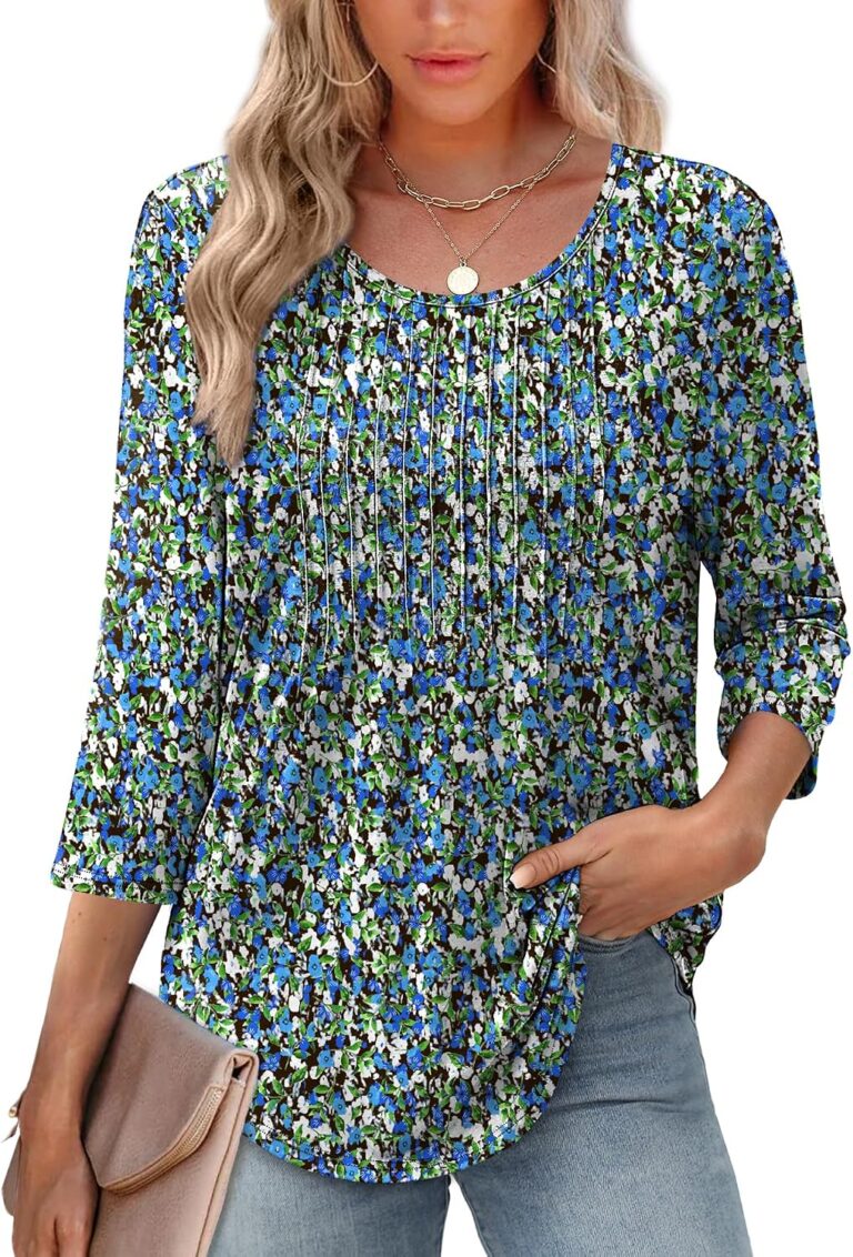 XIEERDUO 3/4 Length Sleeve Tops for Women 2026 Crewneck Casual Pleated Tunic Tops Shirts Blouses