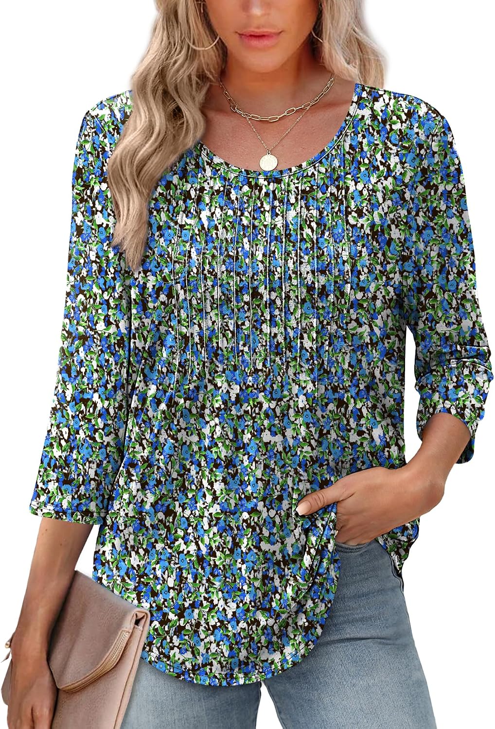 XIEERDUO 3/4 Length Sleeve Tops for Women 2026 Crewneck Casual Pleated Tunic Tops Shirts Blouses XIEERDUO 3/4 Length Sleeve Tops for Women 2026 Crewneck Casual Pleated Tunic Tops Shirts Blouses