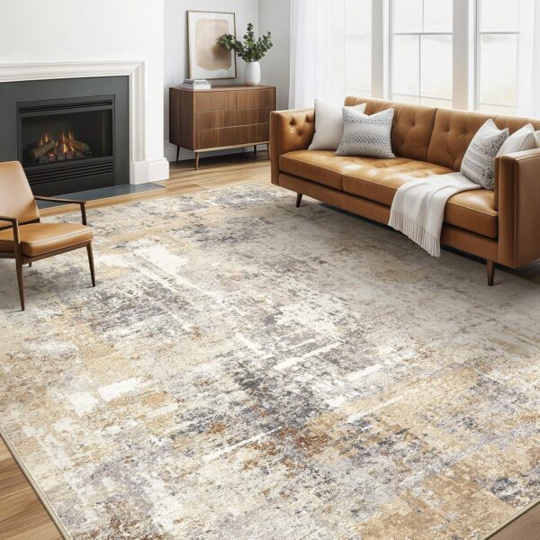 Area Rug Living Room Rugs: 5x7 Washable Large Abstract Modern Soft Stain Resistant Indoor Floor Non Slip Accent Carpet for Bedroom Nursery Playroom Dining Room Office Dorm Home House- Gray Gold