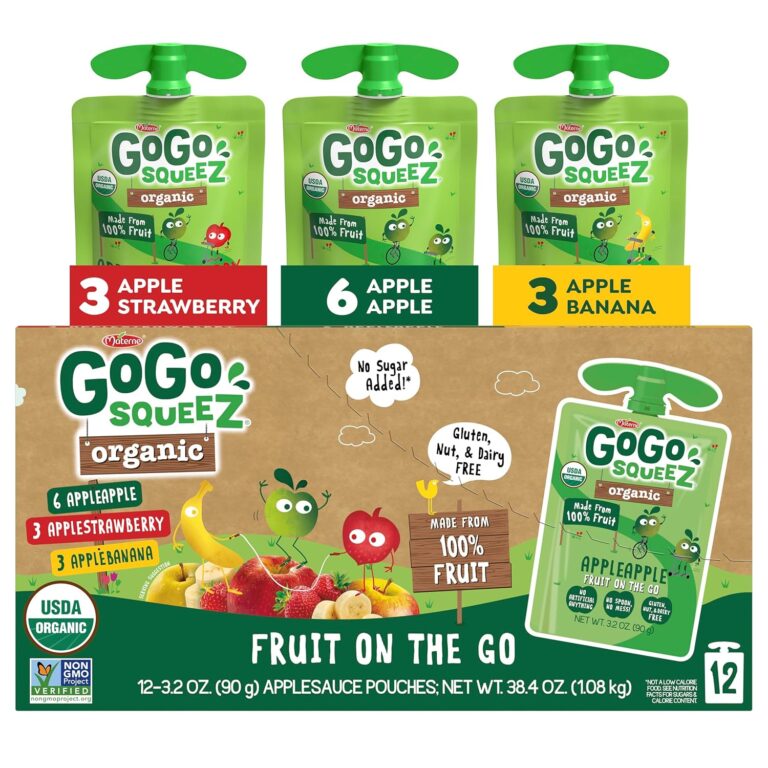 GoGo squeeZ No Sugar Added Organic Applesauce and Fruit Puree, Variety Pack, Apple, Strawberry & Banana, 3.2 oz Pouches (Pack of 12), Fruit Snacks for Kids, Gluten Free, Nut Free, Recloseable Cap, BPA Free