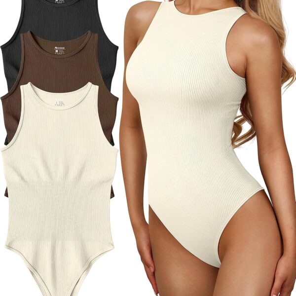 OQQ Women's 3 Piece Bodysuits Sexy Ribbed One Piece Sleeveless Halter Neck Tops Leotard Summer Trendy