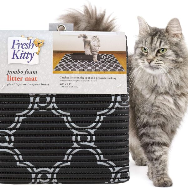 Fresh Kitty Durable XL Jumbo Foam Litter Box Mat  No Phthalate, Water Resistant, Traps Litter from Box, Scatter Control, Easy Clean Mats  Black & White 40"x 25", Black/White Quatrefoil (9036)
