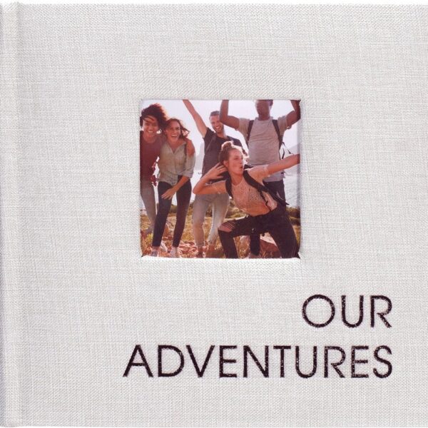 Malden International Designs 1 Up 4x6 Our Adventures Light Gray Fabric Photo Album With Memo Writing Areas Hard Cover 3 x 3 inch Front Cover Photo Pocket