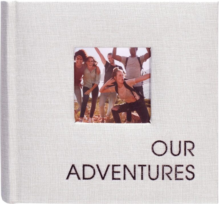 Malden International Designs 1 Up 4x6 Our Adventures Light Gray Fabric Photo Album With Memo Writing Areas Hard Cover 3 x 3 inch Front Cover Photo Pocket