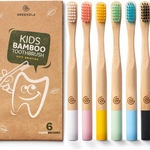 GREENZLA Kids Bamboo Toothbrushes, Natural Toothbrush Set, Soft Bristles, Durable Charcoal Wooden Brushes, Compostable Design for Toddlers and Children, 6 Pack