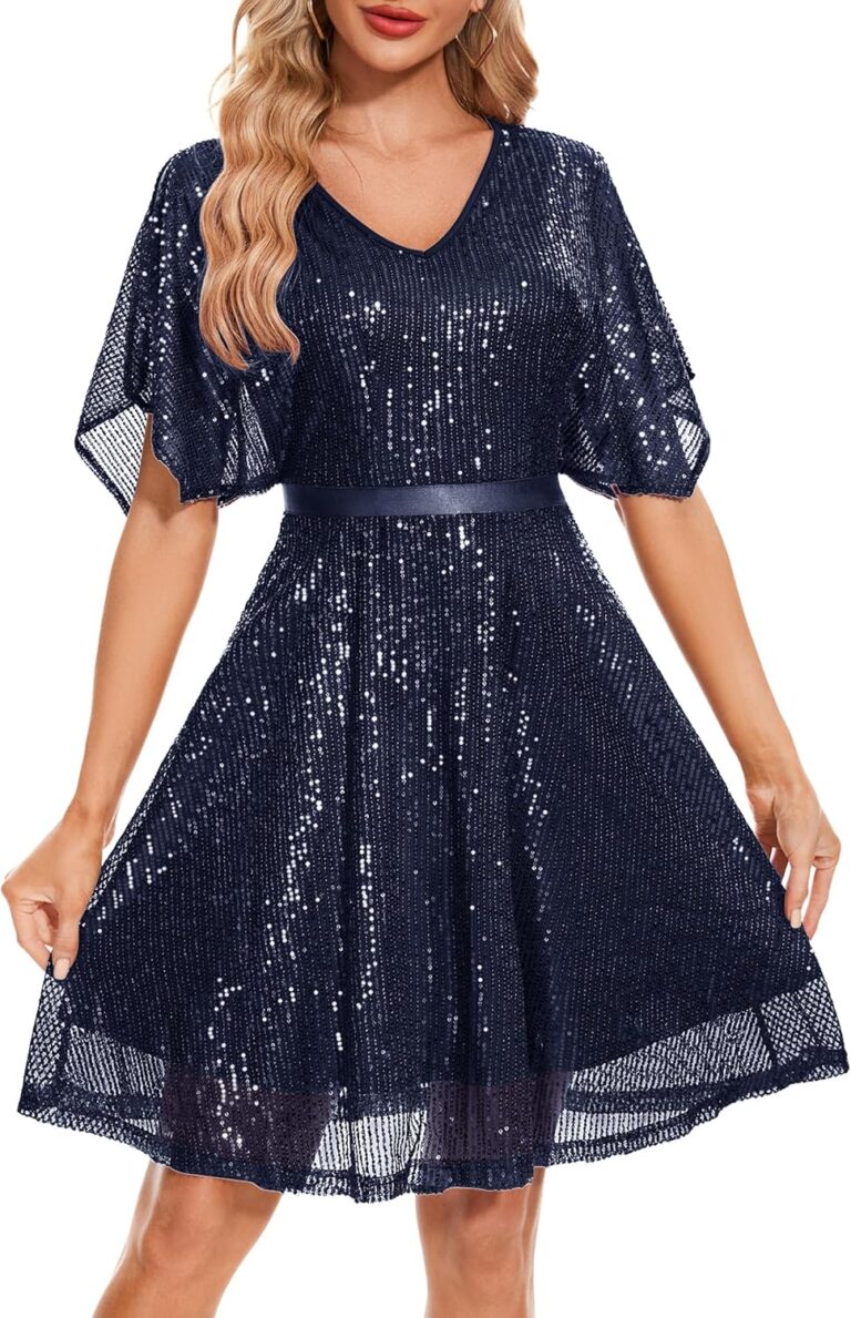 Wedtrend Women's Sparkly Sequin Dress Bat Sleeves Cocktail Dress Glitter Club Dress