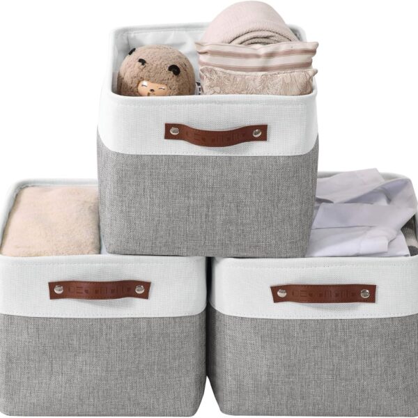 DECOMOMO Storage Bins, Large Fabric Storage Baskets for Shelves, Decorative Linen Closet Organizer, 15 x 11 x 9.5 inches (Grey & White, 3 Pack)