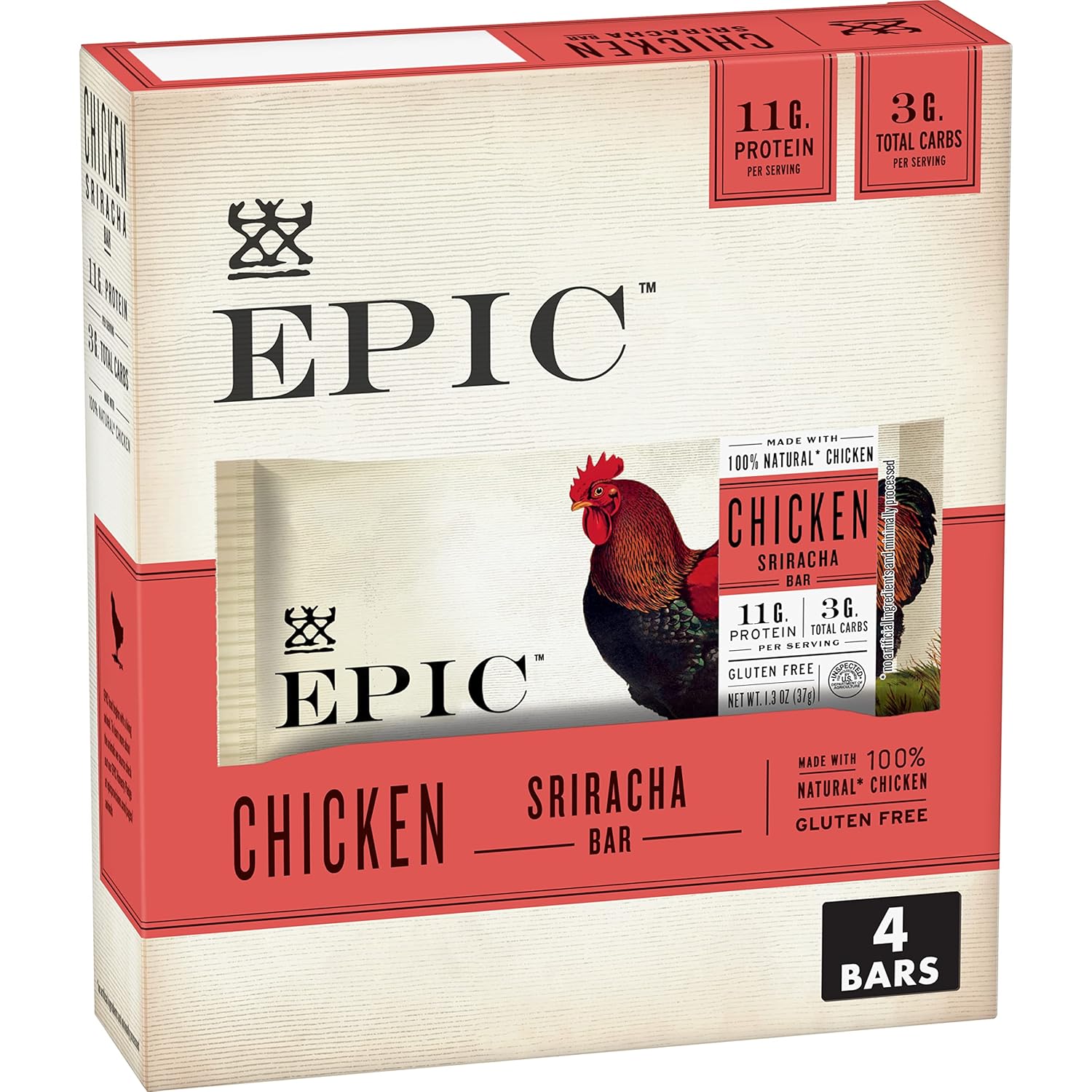 EPIC Chicken Sriracha Bar, Keto and Paleo Friendly, Protein Bars, 4 Ct, 5.2 oz EPIC Chicken Sriracha Bar, Keto and Paleo Friendly, Protein Bars, 4 Ct, 5.2 oz