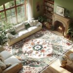 Large Boho Area Rug 9x12 Machine Machine Washable Vintage Distressed Rugs Living Room Non Slip Eco-Friendly Area Rugs for Bedroom Stain Resistannt Rug(Green/Multi,9x12ft)