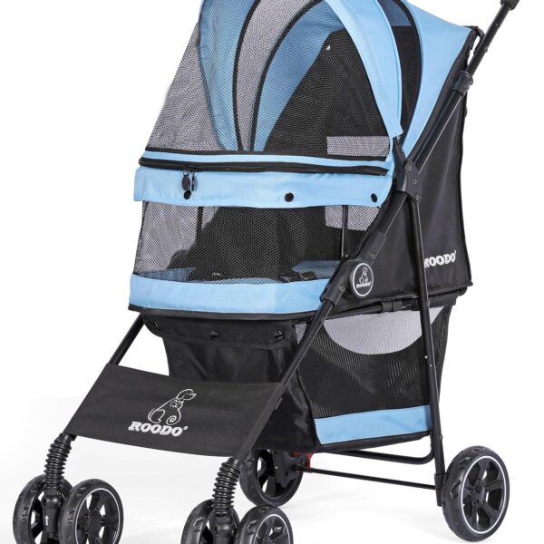ROODO 4 Wheel Dog Cat Pet Stroller Best Lightweight Foldable Compact Portable Jogger All Terrain Travel Pet Gear Puppy Doggie Bunny Kitty Stroller for up to 30lbs Medium Small Dogs Cats(Sky Blue)