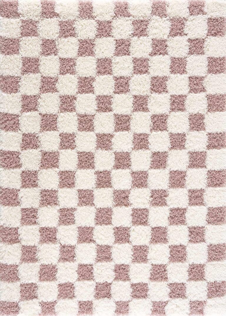 BoutiqueRugs Cream Checkered Contemporary Shag 4x6 Area Rug Plush Rose Gold Atira Living Room Bedroom Dining Room Home Office Apartment Stain Resistant Non-Shedding Pet Friendly