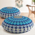 Codi Meditation Floor Pillow Set of 2, Round Large Pillows Seating for Adults, Bohemian Mandala Circle Cushion for Outdoor Fireplace Yoga Living Room, 32 Inch, Memory Foam Added, Navy