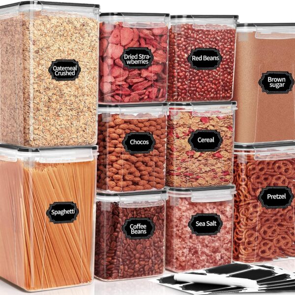 PRAKI Large Airtight Food Storage Containers with Lids, 10PCS Plastic Cereal Storage Containers, Kitchen & Pantry Organizers and Storage for Sugar, Flour, Baking Supplies with Lables & Mark